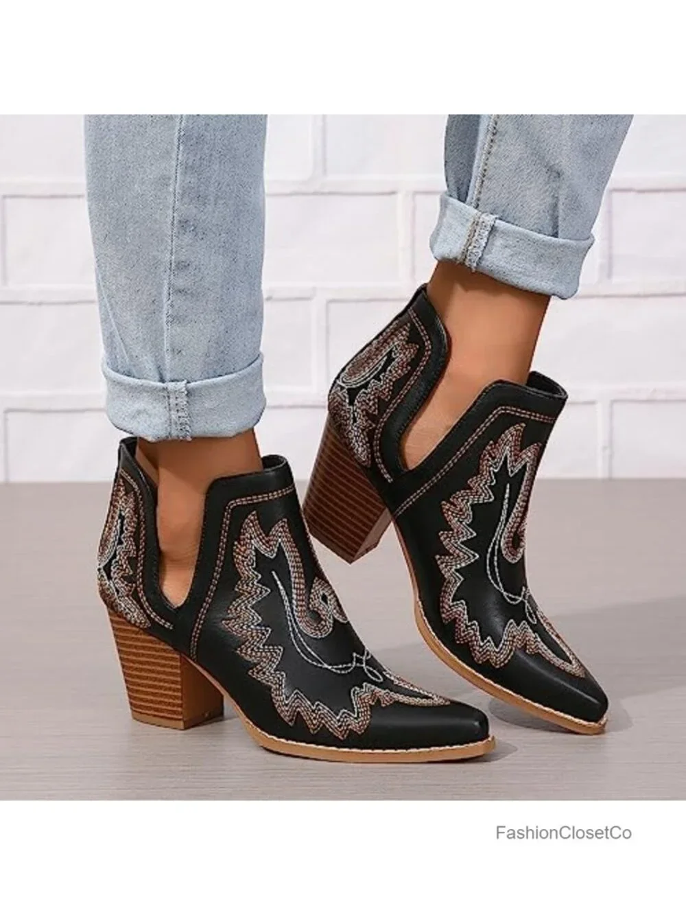 Cowgirl Ankle Boots Pointed Toe Chunky Heel Cutout Western Embroidered Slip-On